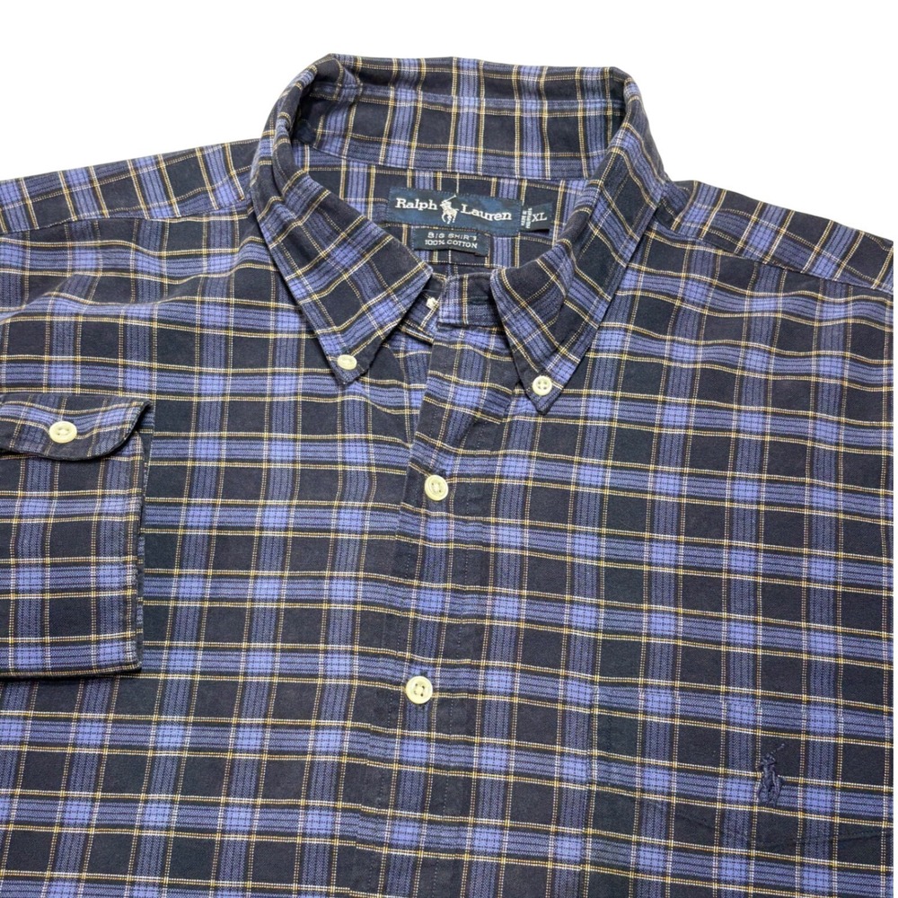 Ralph Lauren Big Shirt Men's XL Plaid Button Down Long Sleeve Cotton Blue Preppy